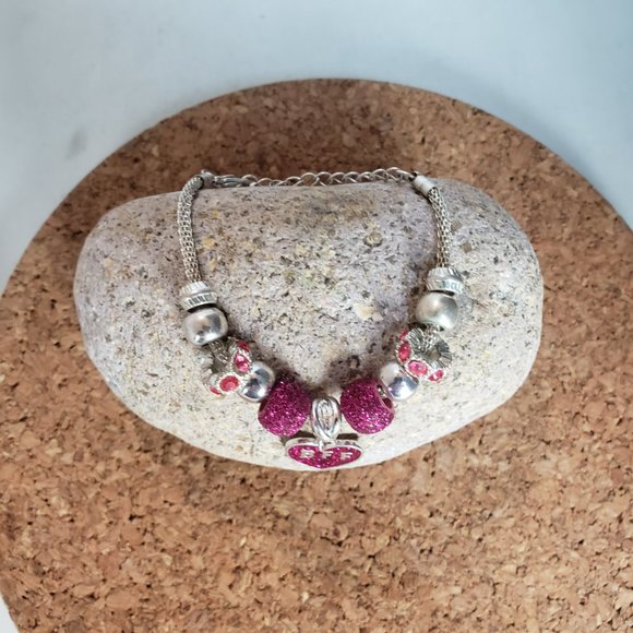 Silver Tone Hot Pink BFF Heart Beads Snake Chain Bracelet 8" Total L 2" Dia - Picture 3 of 11